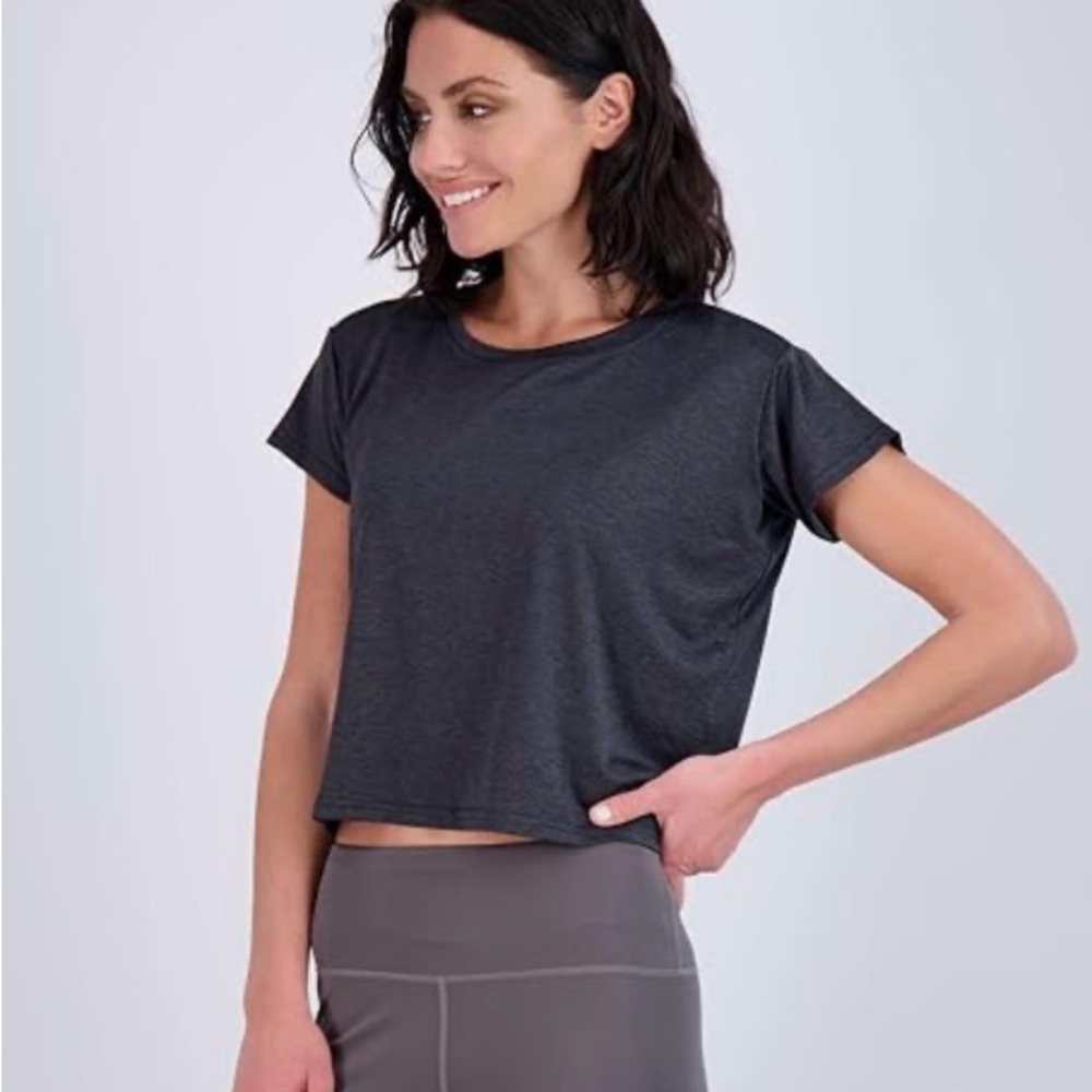 Set of Four Exercise Cropped T-Shirts in Pink, dark gray, White, and light Gray